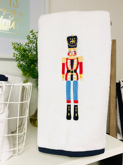 Guest/hand towel with Navy Piping and Nutcracker