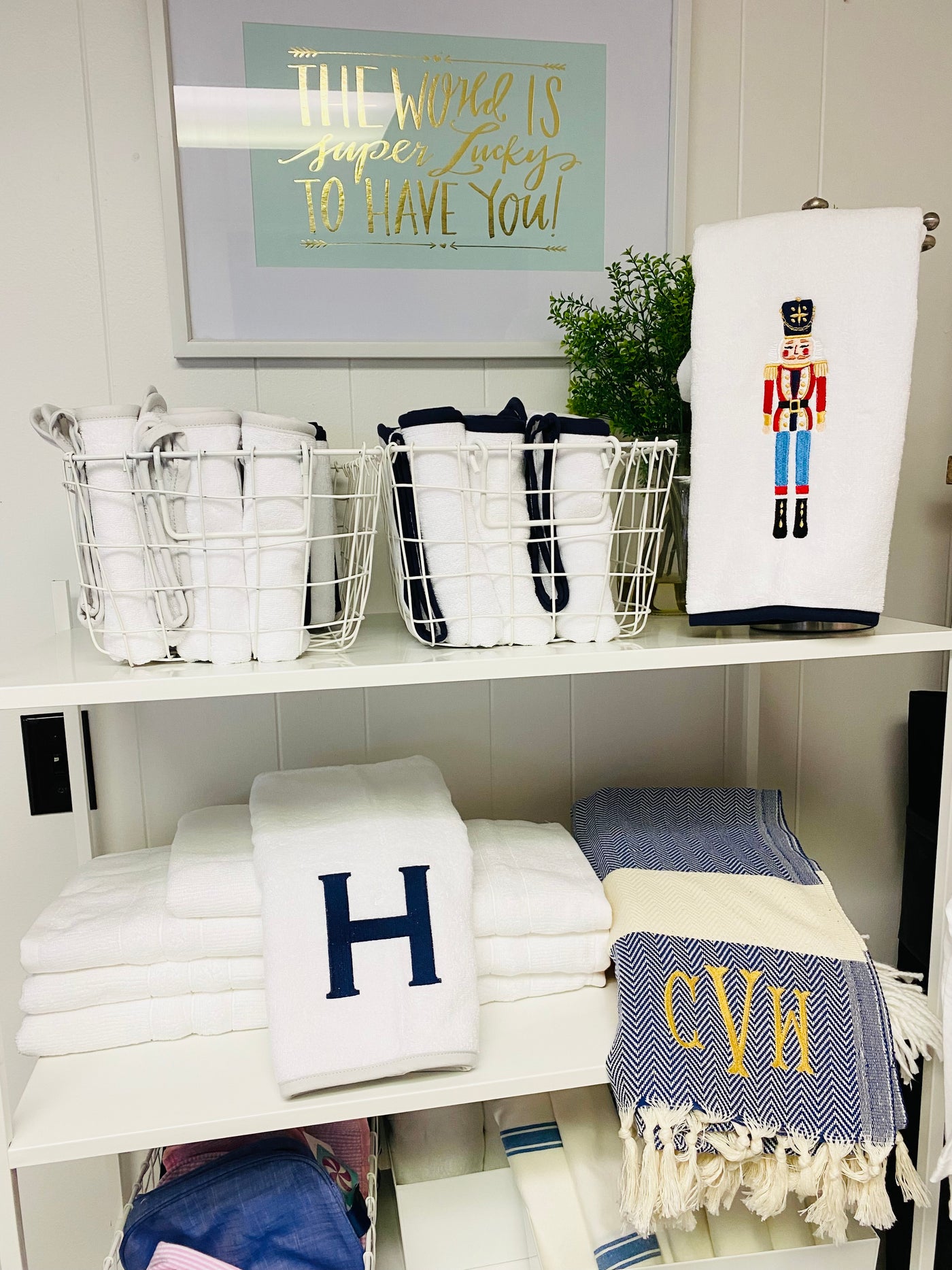 Guest/hand towel with Navy Piping and Nutcracker